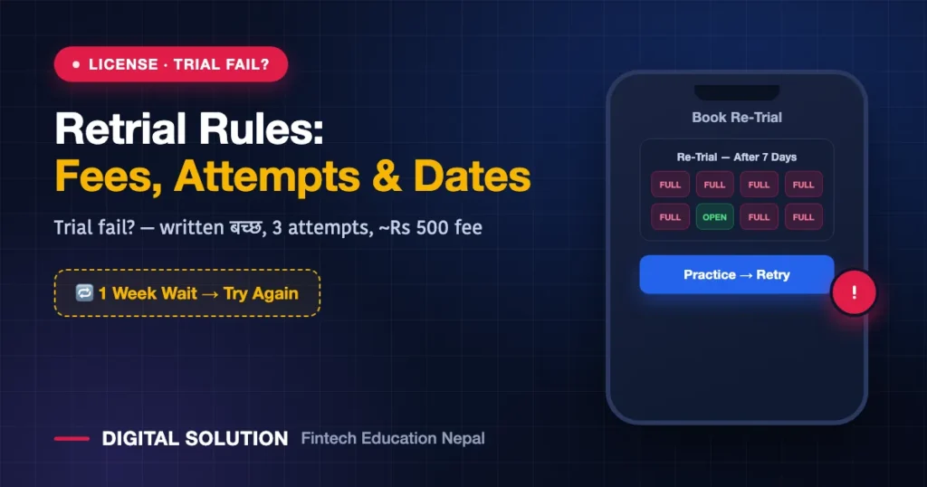 Driving license retrial rules Nepal after trial fail with re-trial booking calendar