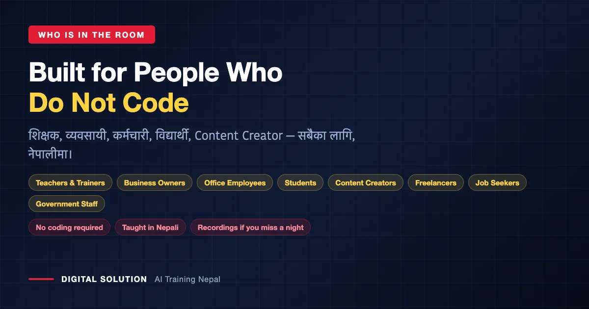 AI Mastery Class Nepal is built for non-technical people: teachers, business owners, students, creators