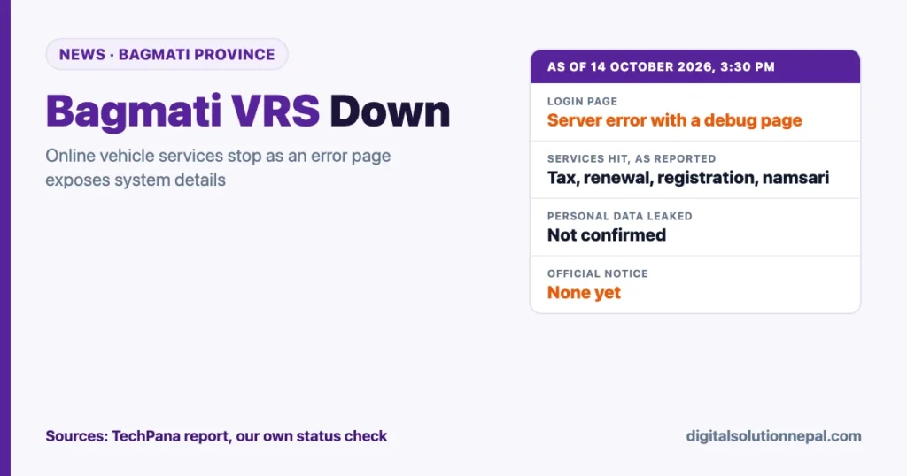 Bagmati VRS down on 14 October 2026: login page shows a server error with a debug page, vehicle tax, renewal, registration and namsari affected as reported, personal data leak not confirmed, no official notice yet