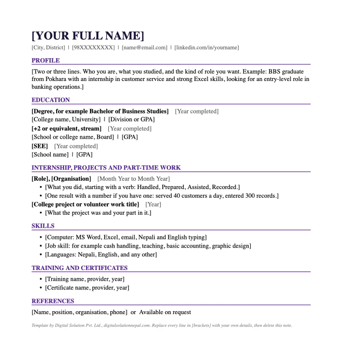 Preview of a one-page CV format for a fresher in Nepal with profile, education, internship, skills and references sections