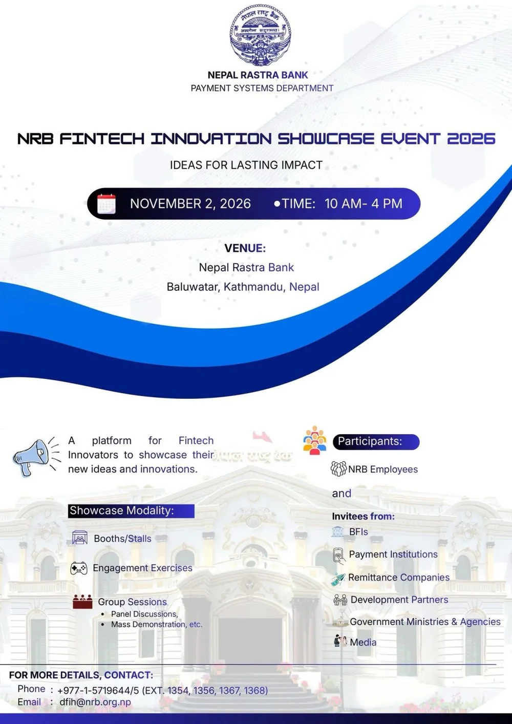 Official Nepal Rastra Bank flyer for the NRB Fintech Innovation Showcase Event 2026 on 2 November 2026 at Baluwatar, Kathmandu